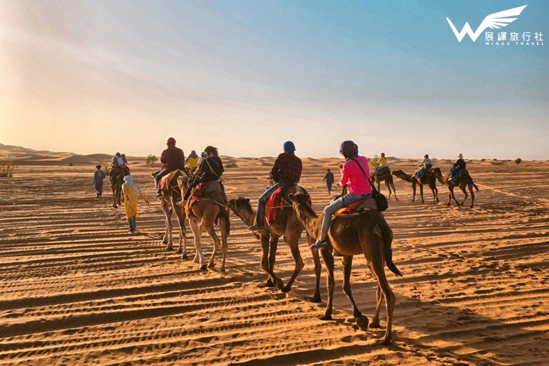撒哈拉騎駱駝看日落 沙丘紅赭色